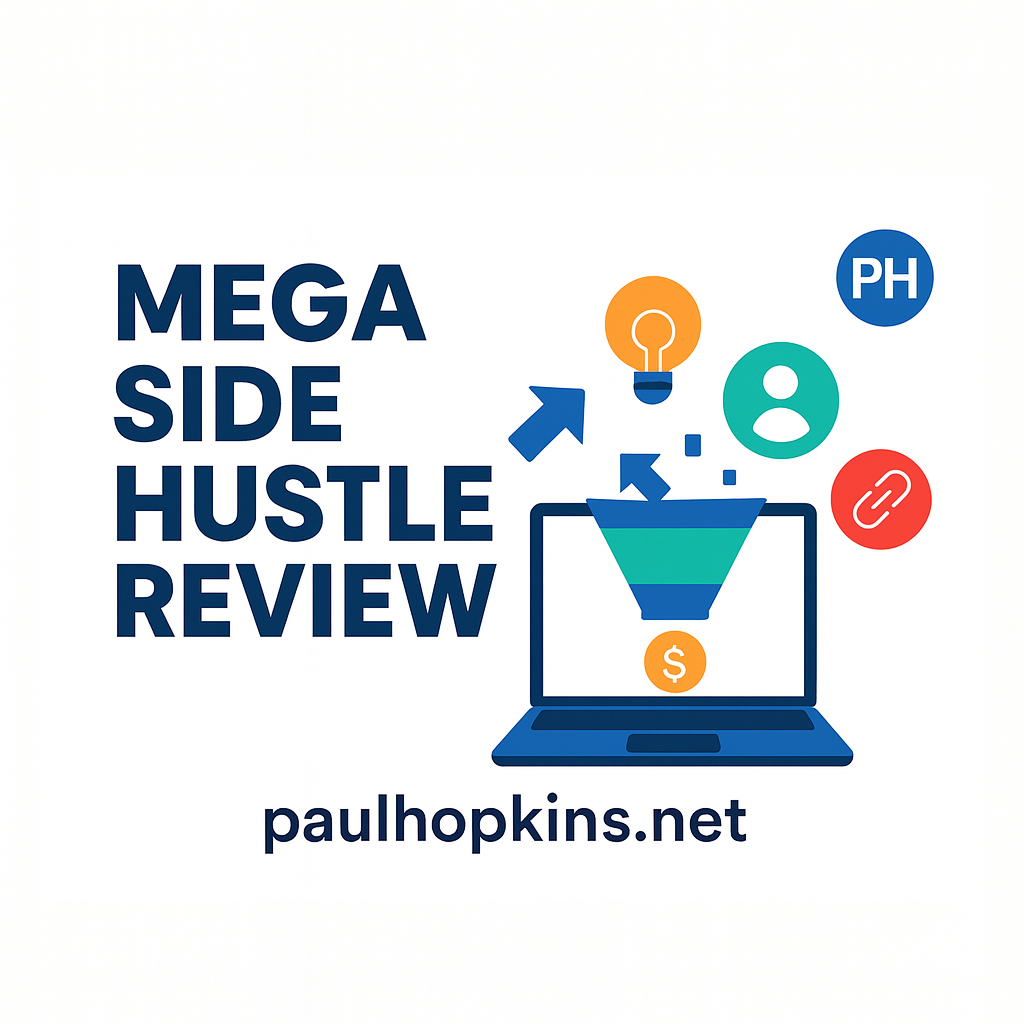 “Illustration showing Mega Side Hustle Review with laptop, funnel, icons, and paulhopkins.net branding.”
Why: Describes what’s visually in the image, good for search engines and screen readers.